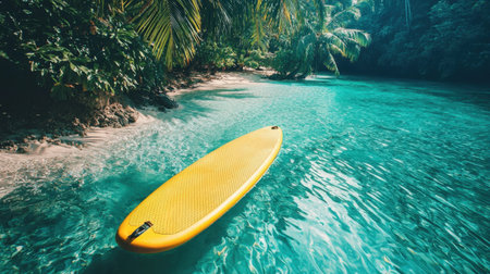A peaceful tropical scene with a yellow SUP board resting on clear waters, white sandy beaches, and green palm trees in the backgroundの素材