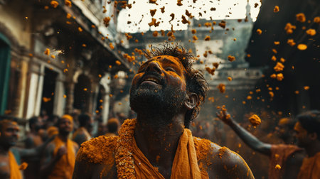 A joyful Holi celebration with people throwing vibrant colors into the air, faces covered in huesの素材