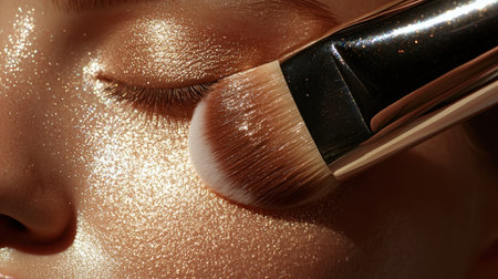 A soft makeup brush applying highlighter on glowing skin, emphasizing beauty and radianceの素材