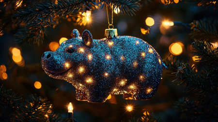 A glittery hippo-shaped ornament reflects the glow of Christmas tree lights, creating a warm and whimsical holiday ambiance.の素材