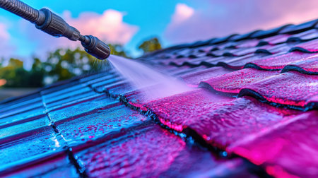 Worker using a pressure washer on a tiled roof, water mist and spray captured mid-motion.の素材