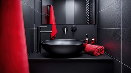 Minimalist compact bathroom with a floating sink, black matte fixtures, and elegant decor elements.の素材