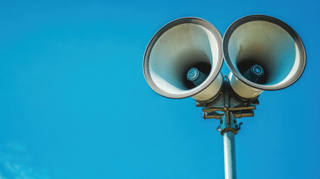 A pair of large loudspeakers mounted on a tall pole, set against a bright blue sky, ready for public announcementsの素材