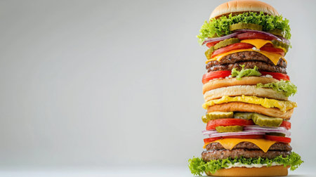 A towering cheeseburger with layers of fresh toppings, photographed from a low angle against a white backgroundの素材