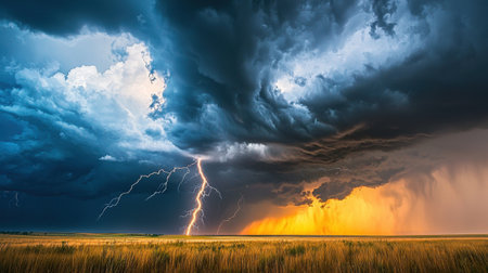 A dramatic thunderstorm rolling over a quiet prairie, lightning strikingの素材