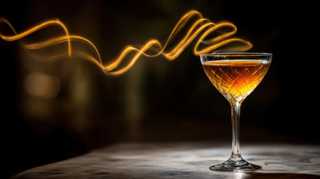 This artistic image showcases an elegant cocktail in a vintage glass, illuminated by swirling light trails, embodying sophistication and ambiance perfect for nightlife.の素材