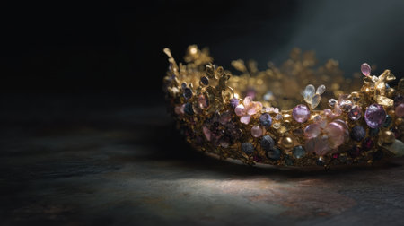 This stunning image features an intricately designed golden crown embellished with vibrant gems, capturing the essence of luxury and elegance in soft light against a dark backdrop.の素材
