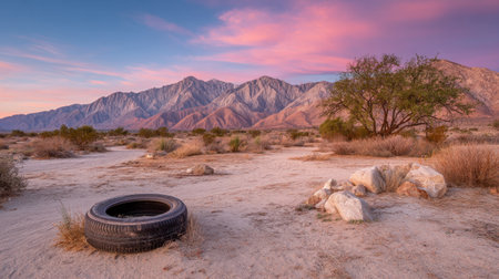 A tranquil desert scene at dusk featuring an abandoned tire, set against majestic mountains under a vibrant pink and purple sky, embodying wilderness beauty.の素材