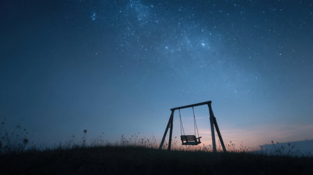 This captivating image features a solitary swing set against a starry night sky. The tranquil atmosphere evokes feelings of nostalgia and wonder.の素材