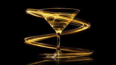 A striking martini glass surrounded by dynamic golden light trails, capturing the essence of nightlife and creativity in a luxurious setting. Perfect for celebrations.の素材