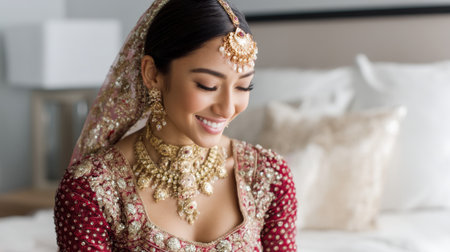 A graceful South Asian bride radiates joy and elegance in her detailed traditional outfit and jewelry, creating a serene atmosphere filled with love and beauty.の素材