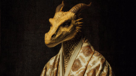 This artistic portrayal features a golden dragon character dressed in traditional attire, blending elements of fantasy and elegance with rich textures and a captivating aura.の素材