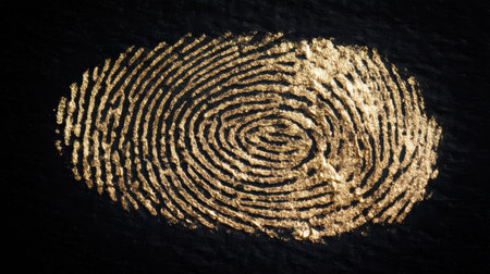 Explore the beauty of an intricate golden fingerprint pattern against a dark backdrop, symbolizing uniqueness and personal identity for innovative designs or projects.の素材