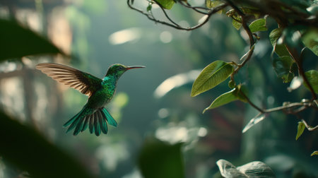 A mesmerizing hummingbird hovers gracefully amidst lush green foliage, showcasing its vibrant iridescent feathers in a serene woodland environment, capturing the magic of nature.の素材