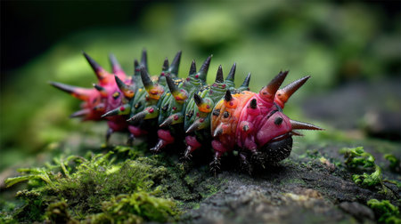 A vividly colored caterpillar crawls over a mossy surface, showcasing intricate spikes and unusual patterns. This image highlights the wonders of nature in detail.の素材