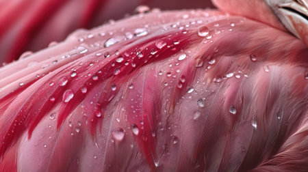 A detailed close-up image of a pink flamingo's feathers adorned with raindrops, showcasing the intricate textures and vibrant colors found in nature, ideal for wildlife enthusiasts.の素材