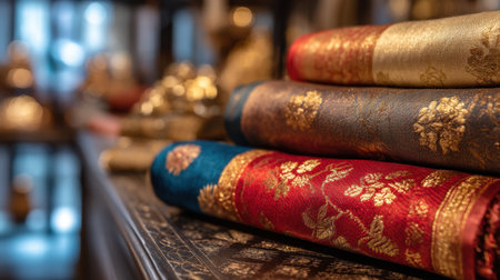Discover an exquisite collection of luxurious textiles in a boutique, showcasing intricate patterns and vibrant colors on beautifully folded rolls of fabric.の素材