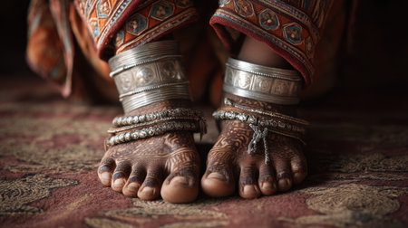 A captivating close-up of feet adorned with intricate jewelry and beautiful henna designs, reflecting rich cultural traditions and warm storytelling through artistry.の素材