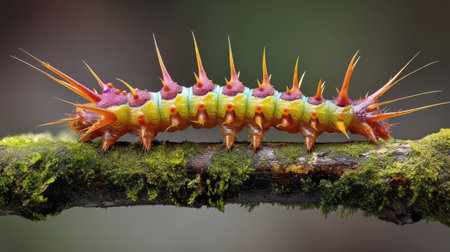 Close-up image of a colorful caterpillar adorned with spikes, resting on a moss-covered branch. This striking insect highlights the beauty of nature and biodiversity.の素材
