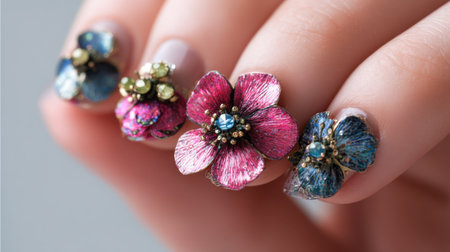 A stunning close-up view of a hand showcasing exquisite floral nail art, featuring intricate flower designs in pink and blue hues, perfect for fashion and beauty enthusiasts.の素材