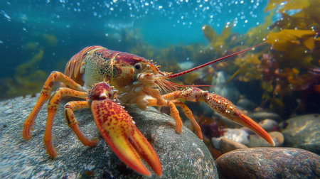 A captivating underwater scene showcases a lobster exploring rocky terrain. Bright seaweed surrounds it, with bubbles illuminating the clear blue water, highlighting marine life.の素材