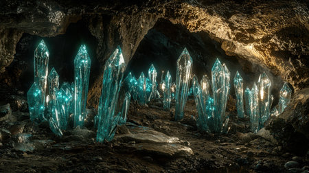 A hidden cave filled with glowing crystals, an underground wonderの素材