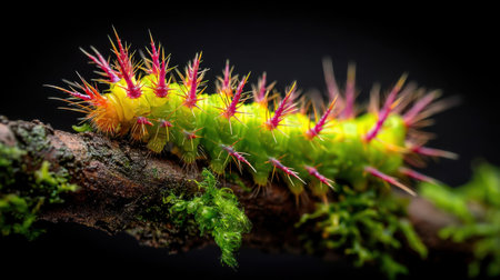 This stunning macro photograph features a vividly colored caterpillar with striking spines, highlighting the intricate details of nature and its vibrant colors.の素材