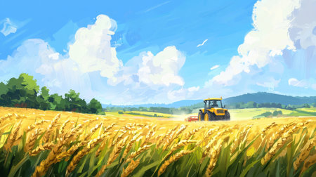 A tractor working in a large golden wheat field under a blue skyの素材