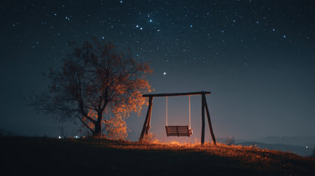 A tranquil night scene featuring a swing under a starry sky, accompanied by a glowing tree, creating a perfect spot for reflection and relaxation in nature.の素材
