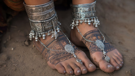 This image captures beautifully detailed foot jewelry, showcasing silver anklets and intricate henna tattoos, reflecting cultural richness and traditional artistry.の素材