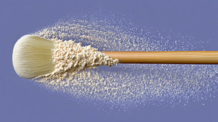A high-resolution close-up of a makeup brush releasing fine powder, set against a soft purple backdrop. This image showcases the artistry and elegance of beauty application.の素材