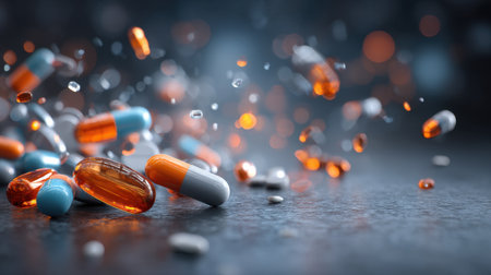 Vibrant and dynamic composition of capsules and pills scattered on a dark surface, with a visually appealing blurred background highlighting the pharmaceutical theme.の素材