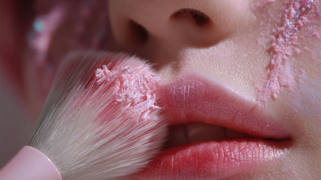 Captivating close-up image showcasing the intricate details of makeup applied on lips with a soft brush, highlighting artistic colors and textures for a dreamlike effect.の素材