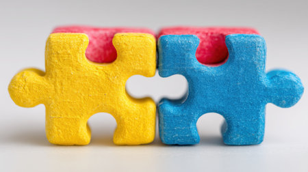 Two vibrant wooden puzzle pieces, colored in yellow and blue, interlock together. This imagery represents connection, teamwork, and the joy of problem solving.の素材