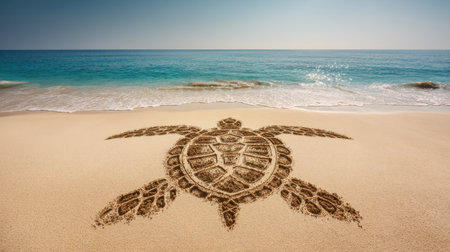 A beautiful sand turtle design created on a tranquil beach, with gentle waves and a clear blue sky in the background, perfect for themes of nature and art.の素材