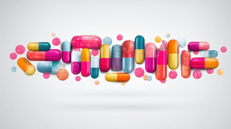 This image features an array of colorful capsules and pills creatively arranged against a light background, symbolizing health and wellness in a vibrant manner.の素材