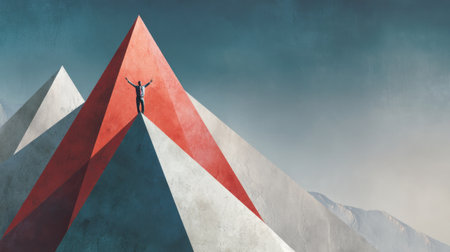 A solitary individual stands on a vibrant mountain peak, arms raised in victory against a dramatic sky, symbolizing achievement, freedom, and exploration in a surreal landscape.の素材