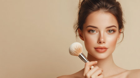 A stunning young woman adorns her face with a makeup brush, radiating natural beauty against a soft, neutral backdrop. Ideal for beauty and skincare themes.の素材