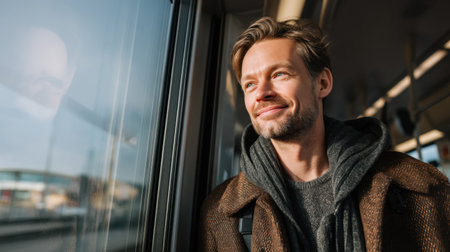 A thoughtful man gazes out the train window, reflecting on life with a warm smile. His cozy attire evokes feelings of comfort, relaxation, and urban adventure.の素材