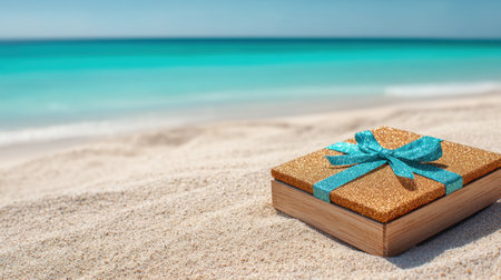 A beautifully wrapped golden gift box with a blue ribbon rests on soft sandy beach, highlighting a serene ocean view under a bright blue sky. Perfect for summer themes.の素材