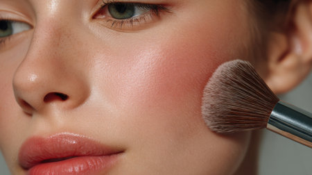 A detailed close-up showcasing a woman applying blush to enhance her natural beauty. The focus highlights flawless skin and effective makeup techniques for a radiant appearance.の素材