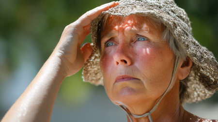 A thoughtful woman in a straw hat gazes into the distance, shielding her eyes from the bright sunlight while reflecting on her surroundings in a serene outdoor setting.の素材
