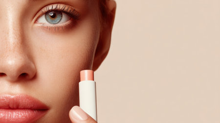 Close-up of a young woman applying lip balm, highlighting her radiant skin and natural beauty. A perfect representation of a modern skincare routine for healthy lips.の素材