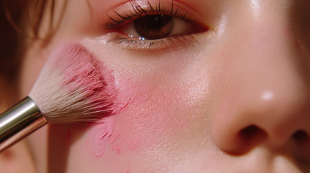 A close-up of a young woman getting blush applied on her cheeks, showcasing a natural makeup process with a focus on skin texture and vibrant colors.の素材