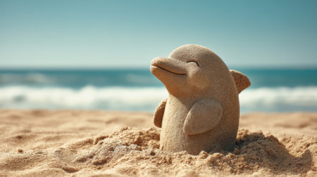 A charming sand sculpture of a dolphin sits playfully on a sunny beach, radiating joy and creativity. Perfect for summer-themed projects and joyful imagery.の素材