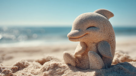 This delightful sand sculpture of a dolphin showcases creativity and playfulness on a sunny beach, offering a charming view of summer joy and artistic expression.の素材