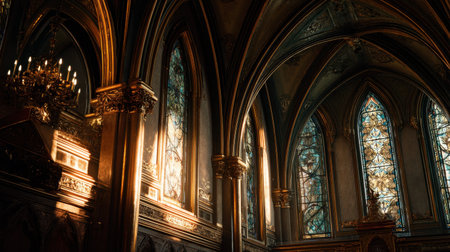 Explore the breathtaking interior of a stunning church featuring intricate stained glass windows and soft, warm sunlight creating a tranquil atmosphere.の素材