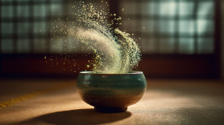 A serene scene showcasing vibrant matcha powder swirling in a traditional ceramic bowl, capturing the essence of tea culture and natural beauty. Perfect for wellness themes.の素材
