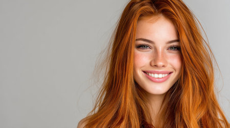 A captivating portrait of a young woman with stunning red hair, radiating happiness and confidence. Her genuine smile and vibrant personality create an uplifting atmosphere perfect for beauty themes.の素材