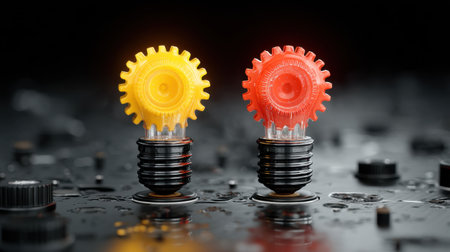 This striking image features colorful gears resembling light bulbs, symbolizing innovation and creativity. The droplets on the surface enhance the visual impact.の素材